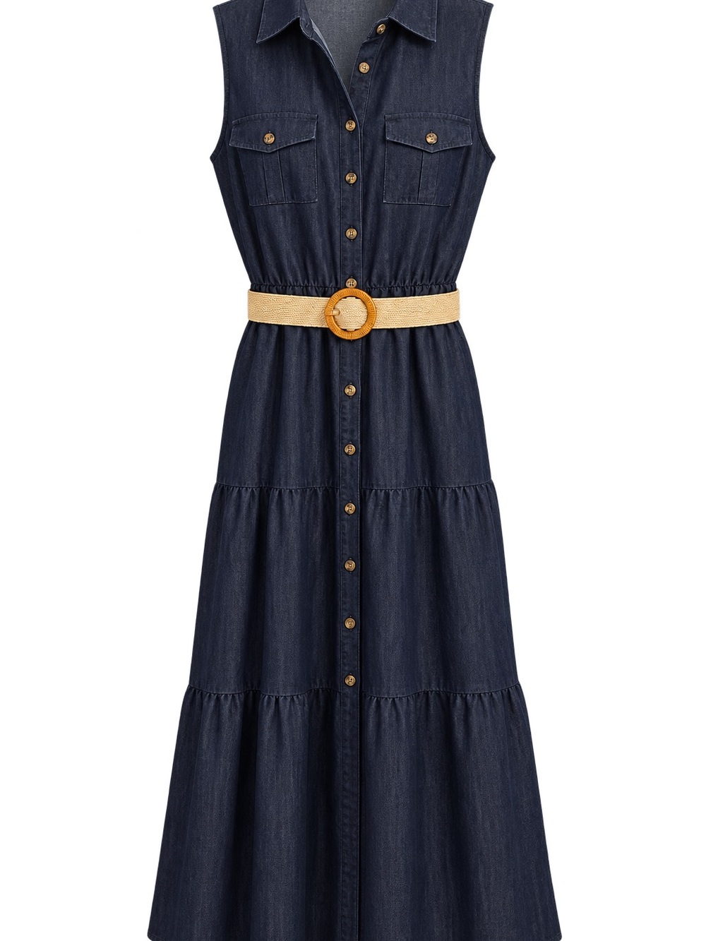 Sleeveless Dark Blue Denim Maxi Dress with Woven Tan Belt